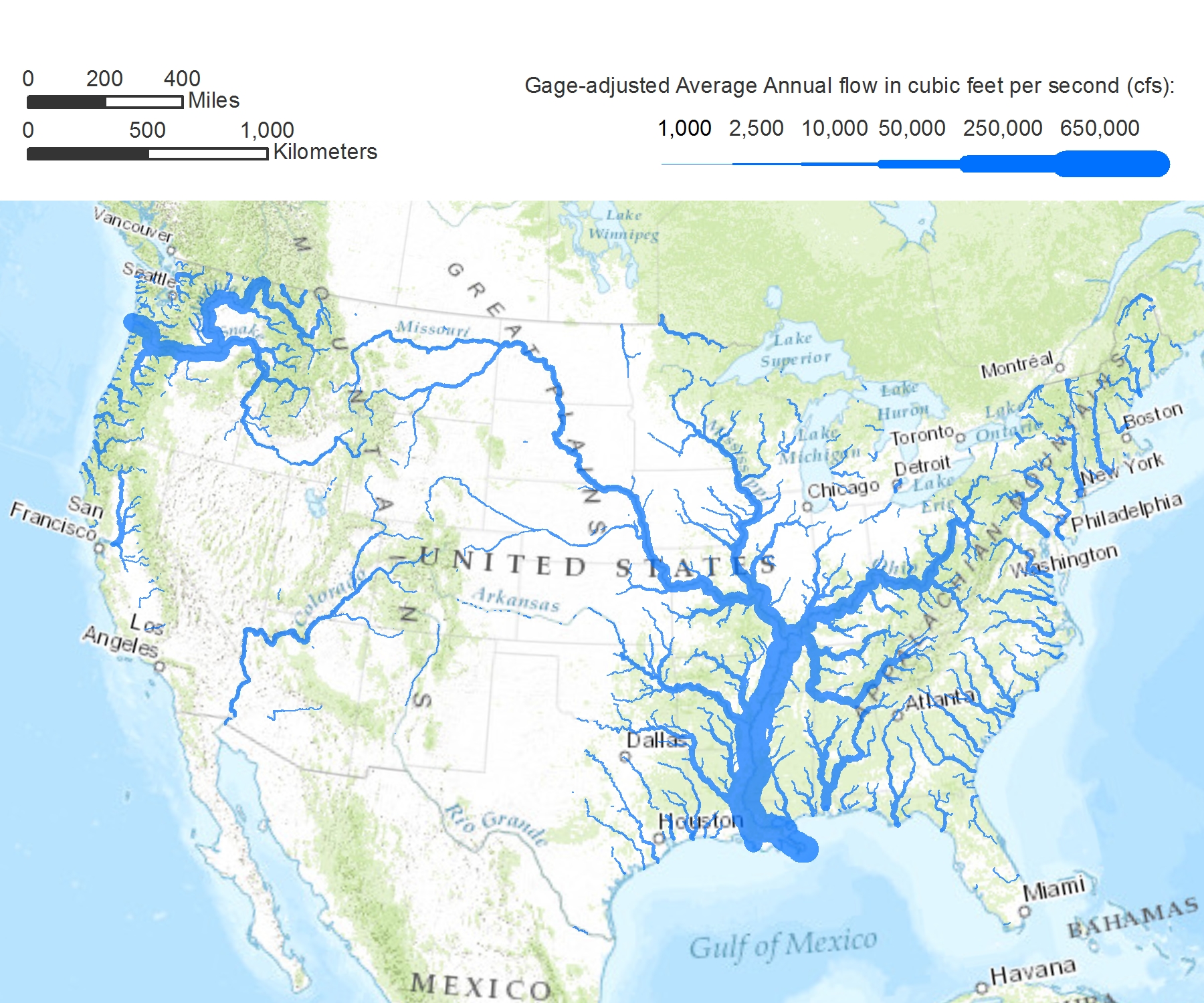 America's rivers by size (in annual flow) r/MapFans